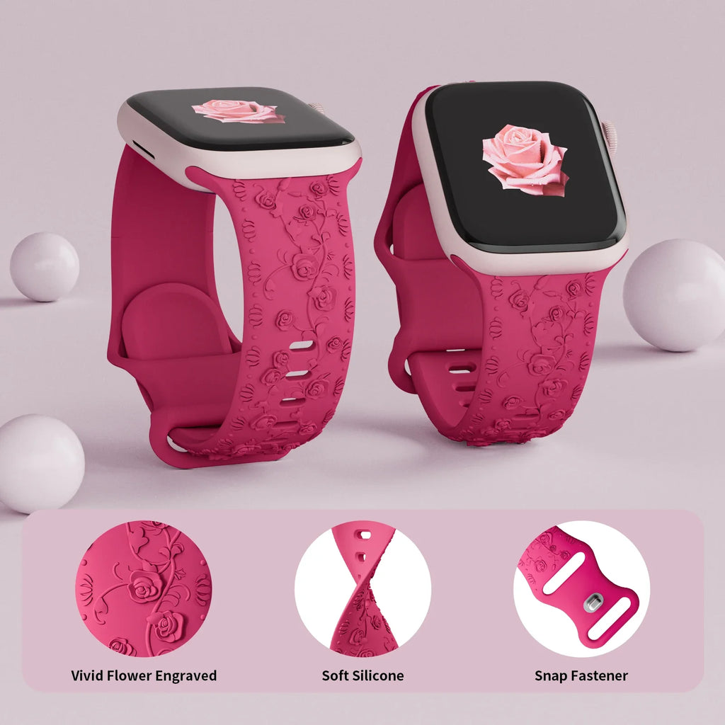 Engraved band for Apple Watch band 46mm 44mm 40mm 49mm 45mm 41mm 42mm Floral Silicone Correas Apple Watch Ultra 2 Series 10 9 8 7 6 SE 5