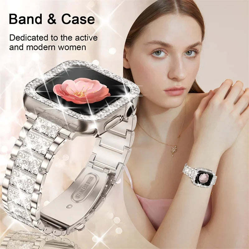 Diamond case+band For Apple Watch band 45mm 40mm 44mm 41mm 38mm 42mm 44mm metal Belt Apple Watch Series 9 8 7 SE 6 5 Women band