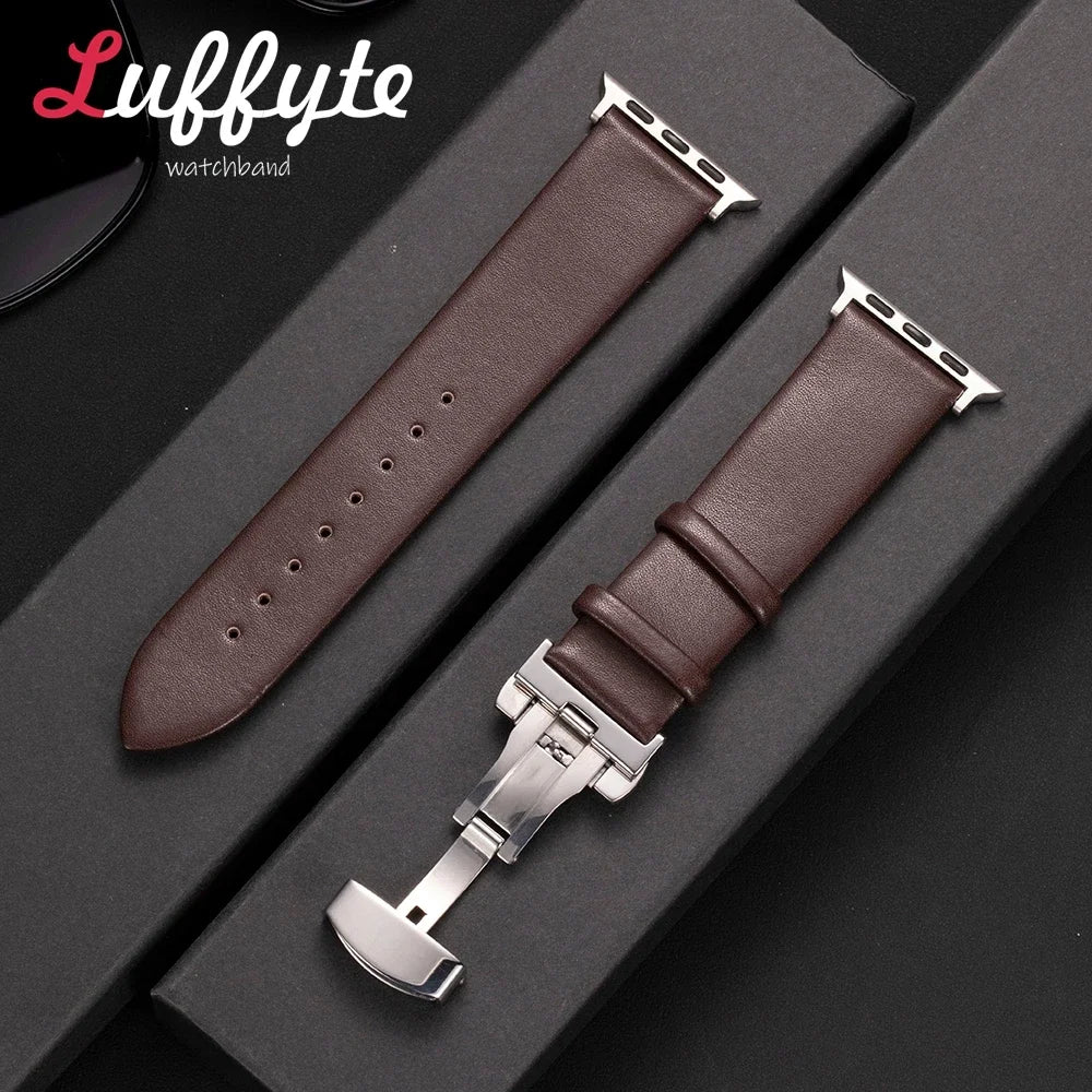 Ultra thin Leather band For Apple Watch 1 10 Ultra SE 2 WristBand with Butterfly Buckle For Apple Watch 38mm 40mm 41mm 42mm 44mm 45mm 46mm 4