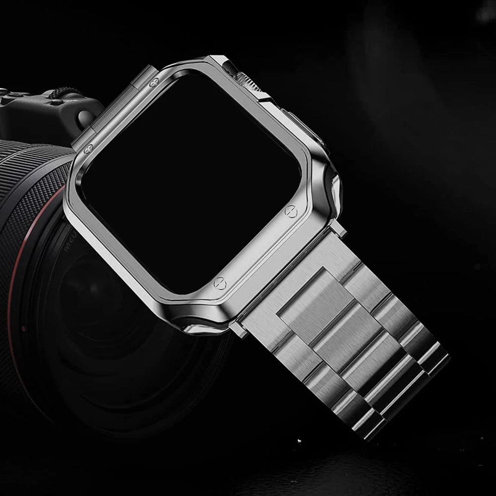 2in1 For Apple Watch 45mm 44mm 42mm 41mm 40mm 38mm band+case Apple Watch Ultra 2 49mm 9 8 7 6 SE Stainless steel band silicone case