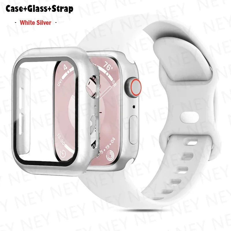 Glass+Case+band For Apple Watch band 44mm 40mm 45mm 41mm 38mm 42mm 44mm sport Silicone band Apple Watch Series 9 8 7 6 5 4 SE