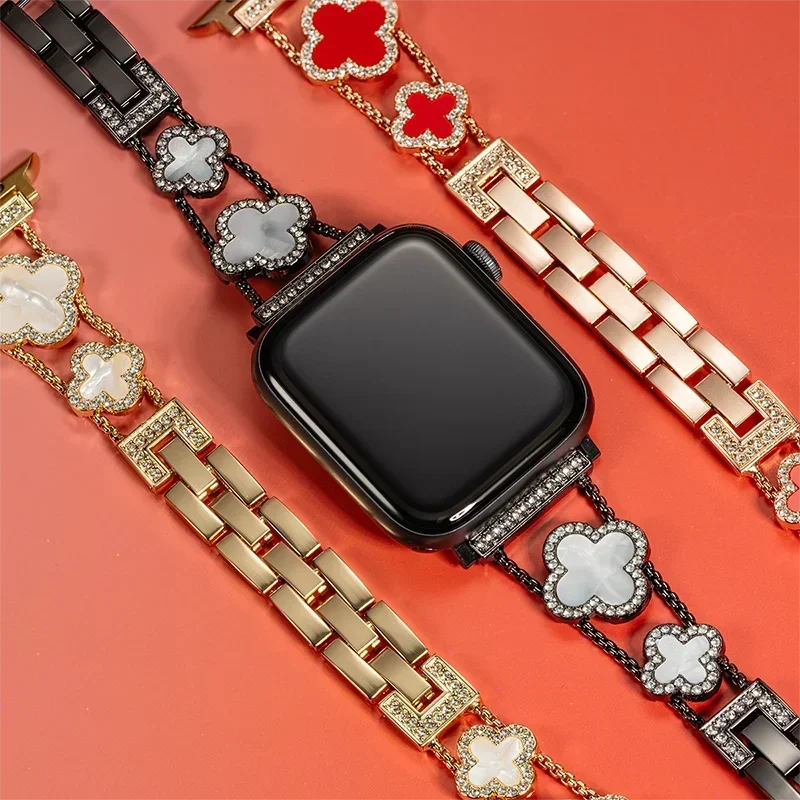 Diamond Four leaf Clover metal band for Apple Watch Ultra 2 49mm 46mm 44mm 42mm 41mm 40mm 38mm band for Apple Watch Series 10 9 8 7 SE 6 ban