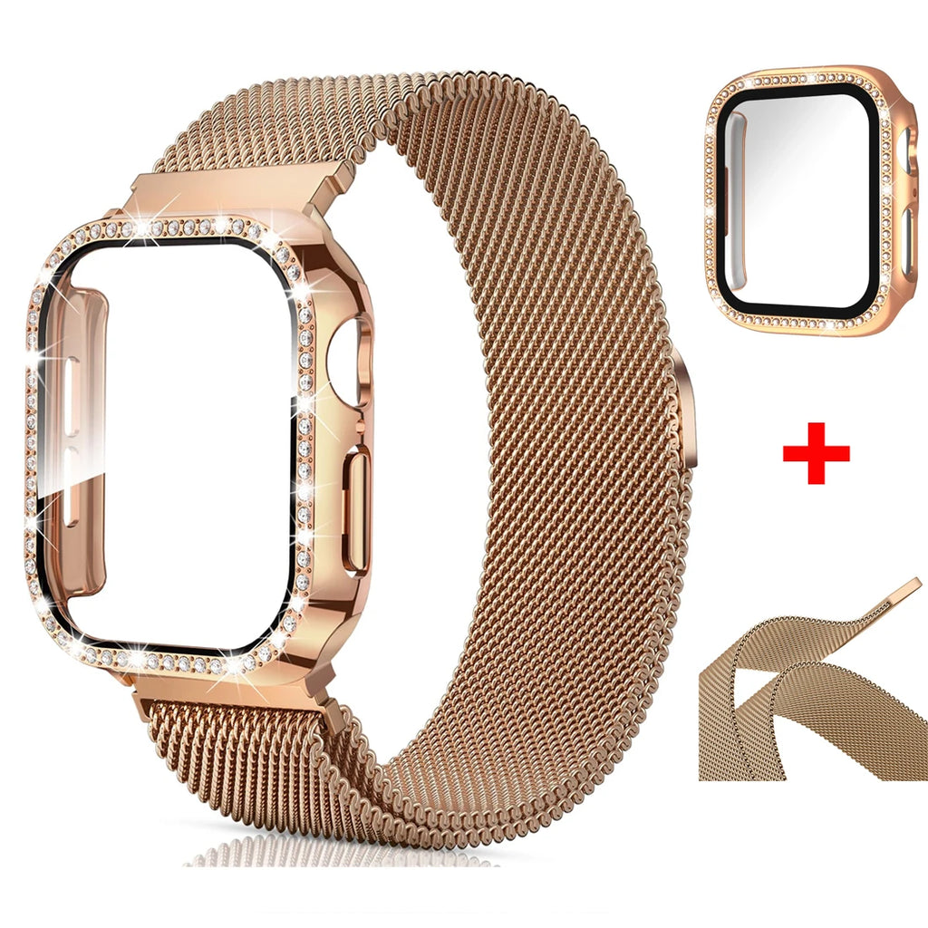 Milanese Loop+ case for Apple Watch Series 44mm 45mm 40mm 41mm 46mm 42mm diamond cover+band Apple Watch 9 8 7 6 5 4 10 Ultra 49mm band