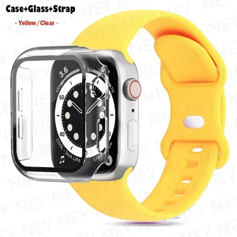 Glass+Case+band For Apple Watch band 41mm 44mm 38mm 42mm 45mm 40mm Silicone band Apple Watch serises 9 8 3 4 5 6 SE 7 watchbands