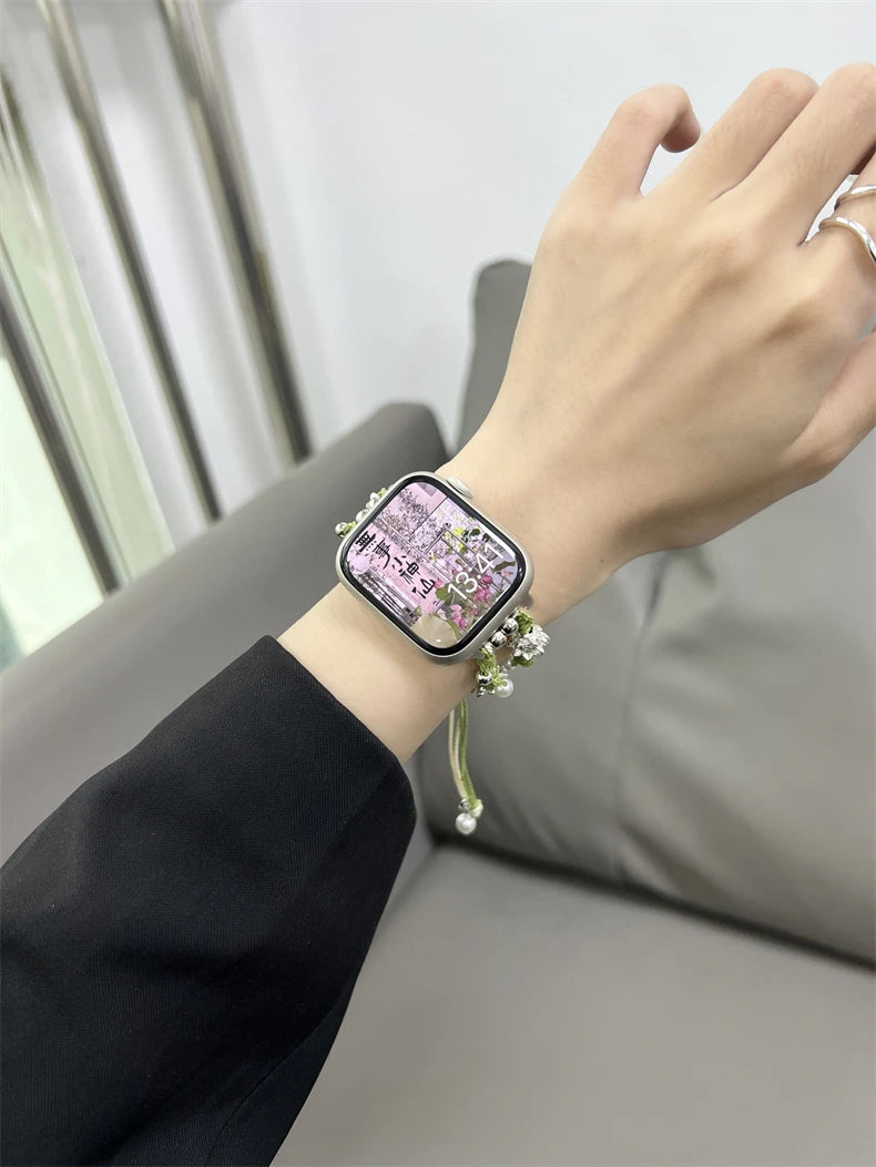 Ins Pearl Flowers band For Apple Watch Series 9 8 7 6 SE 4 5 45mm 44mm 42mm Woven Nylon band Apple Watch Ultra 2 49mm 40mm 38mm Woman