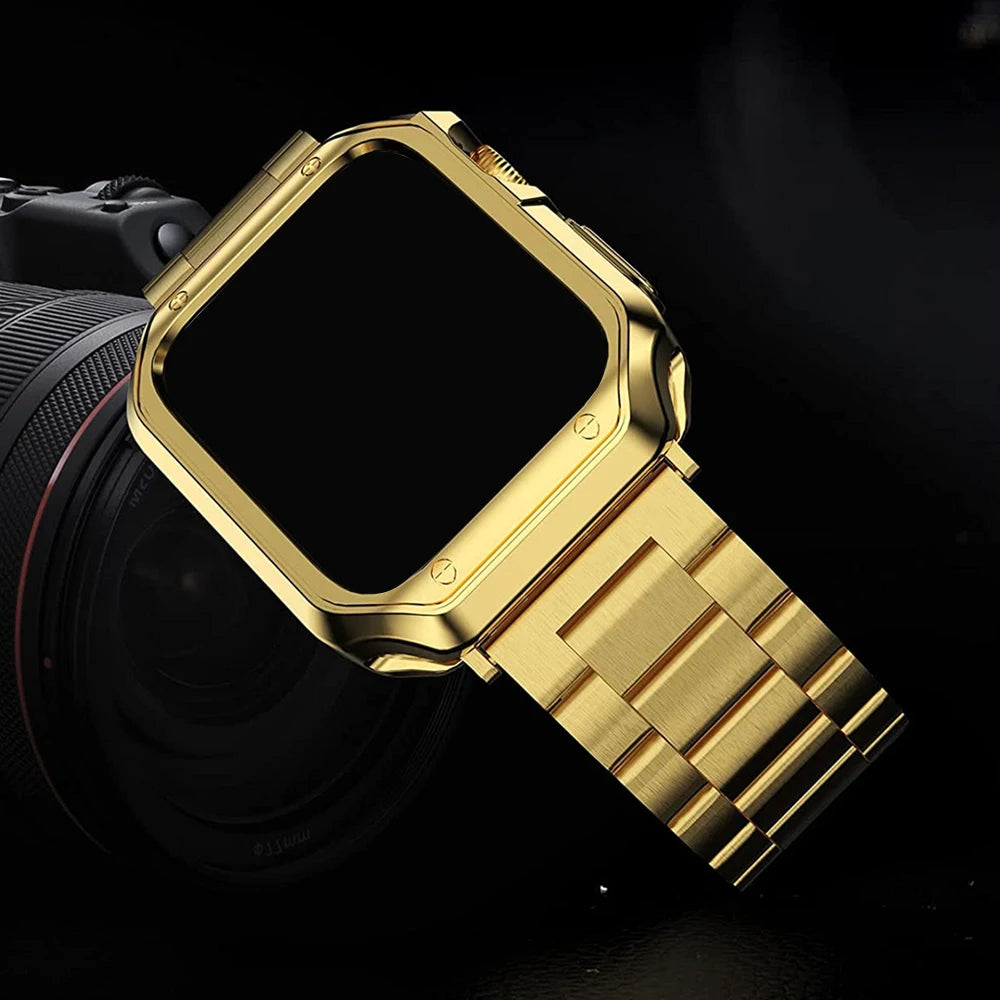 2in1 For Apple Watch 45mm 44mm 42mm 41mm 40mm 38mm band+case Apple Watch Ultra 2 49mm 9 8 7 6 SE Stainless steel band silicone case