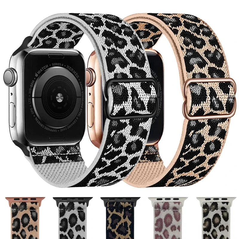Fashion Leopard Print Nylon Adjustable band For Apple Watch band 42mm 46mm 49mm 45mm 44mm 42mm 41mm 40mm 38mm For Apple Watch Series Ultra 1