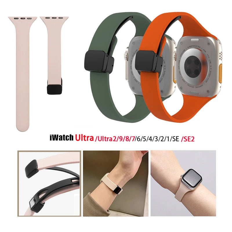 Women Slim Silicone band Magnetic Buckle band For Apple Watch Ultra 2 49mm 45mm 41mm 44mm 42mm 40mm 38mm 9 8 7 SE 6 5 4