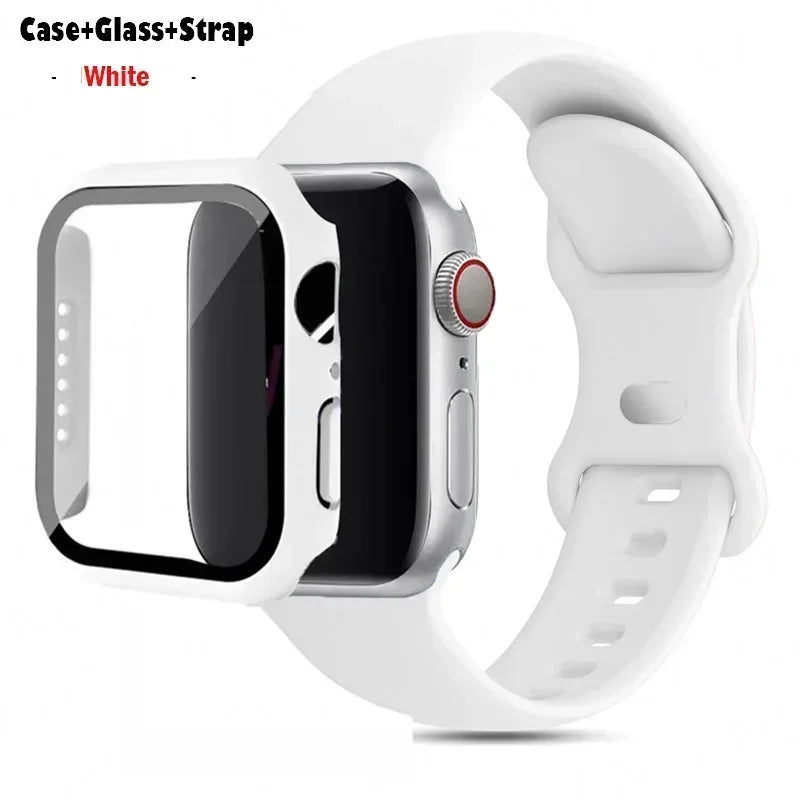 Glass+Case+band For Apple Watch band 41mm 44mm 38mm 42mm 45mm 40mm Silicone band Apple Watch serises 9 8 3 4 5 6 SE 7 watchbands