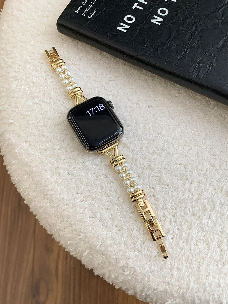 Luxury Pearl band For Apple Watch Ultra 10 9 8 7 6 5 4 Glossy metal band For Apple Watch 40mm 41mm 42mm 44mm 45mm 46mm 49mm