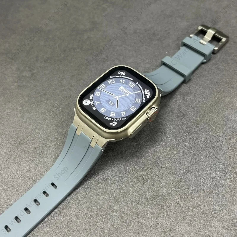Titanium Color metal Head Silicone band for Apple Watch Ultra 2 49mm 45mm 44mm 42mm Rubber band for Apple Watch Series 9 8 7 6 5 4 SE 3