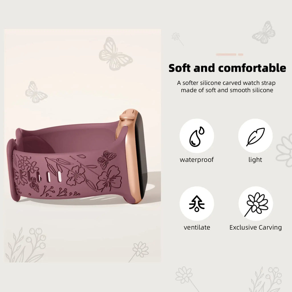 Floral Engraved band For Apple Watch band 40mm 44mm 41mm 45mm 38mm 49mm 42mm silicone band Apple Watch Series 9 7 SE 6 8 Ultra 2