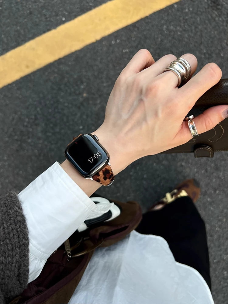 Retro Leather Leopard band For Apple Watch Ultra 10 9 8 7 6 5 SE 4 Girl Slim band For Apple Watch 41mm 40mm 38mm 49mm 42mm 45mm 46mm