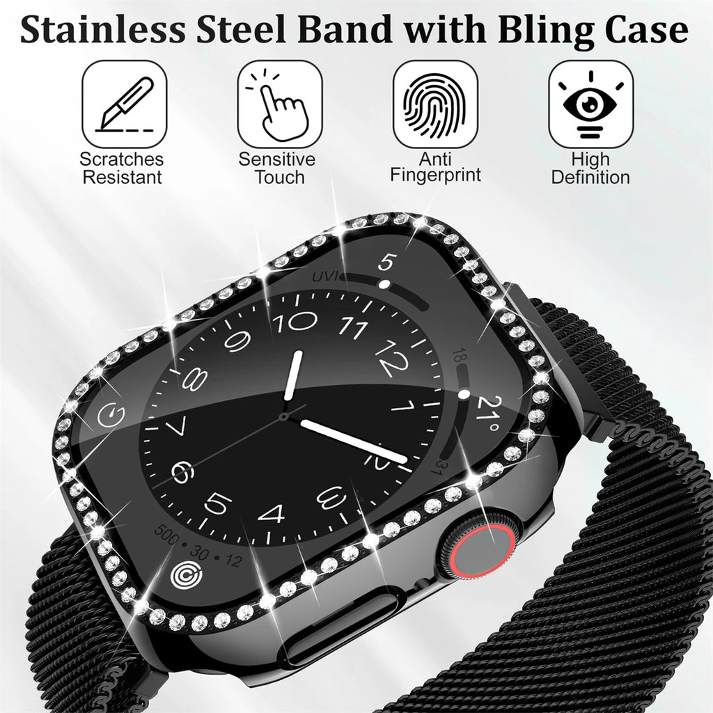 Milanese Loop+ case for Apple Watch Series 44mm 45mm 40mm 41mm 46mm 42mm diamond cover+band Apple Watch 9 8 7 6 5 4 10 Ultra 49mm band