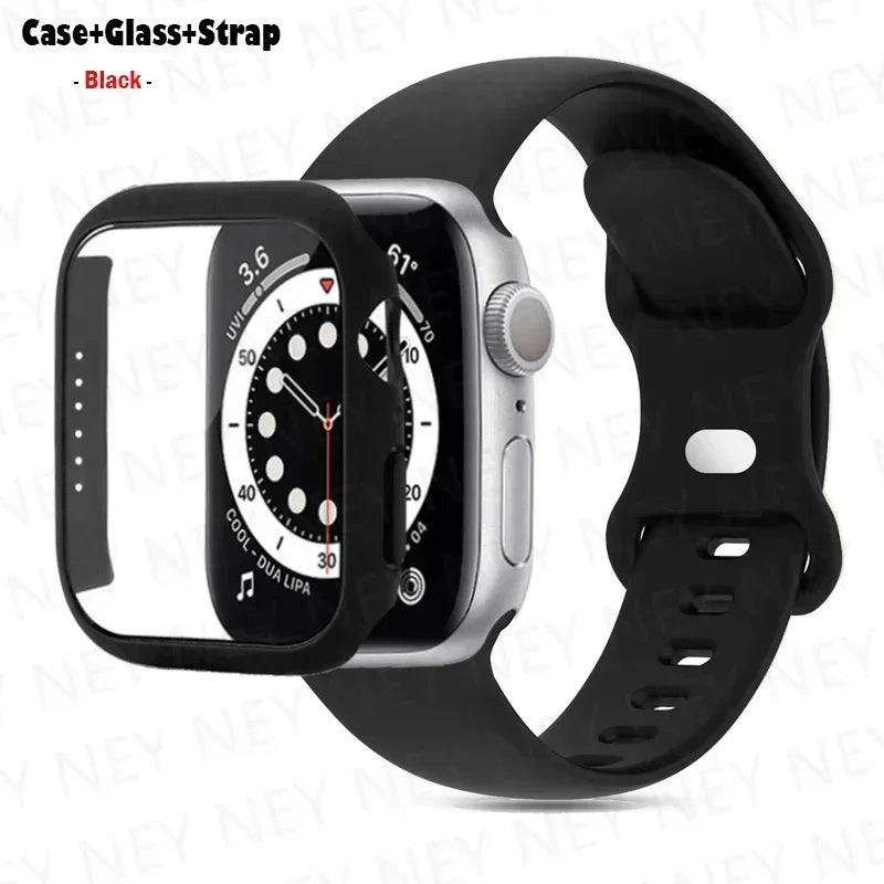 Glass+Case+watchbands For Apple Watch band 44mm 41mm 45mm 40mm 38mm 42mm Silicone band Apple Watch serises 9 8 4 5 6 SE 7 band
