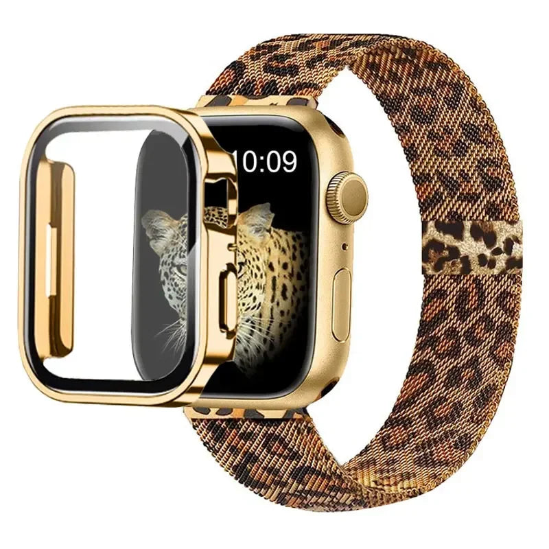 Milanese Loop band For Apple Watch Ultra 49mm band 44mm 40mm 41mm 45mm Gold Silver Leopard band +Case Apple Watch 9 8 7 6 5 4 3 SE