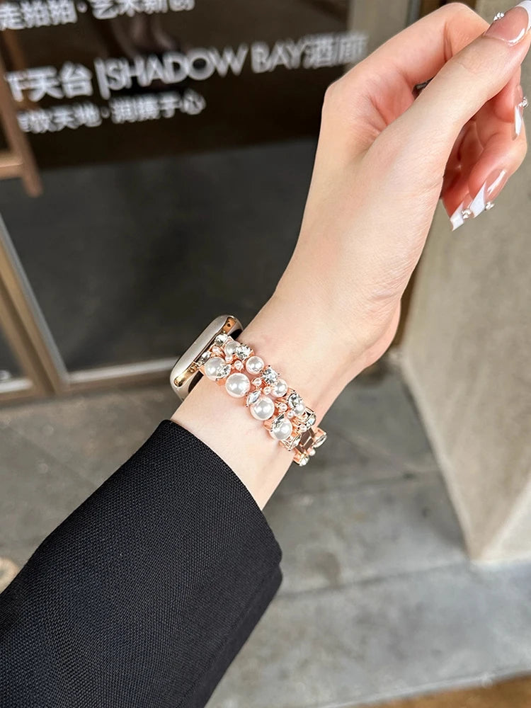 Luxury Diamond band For Apple Watch Ultra 10 9 8 7 6 5 4 Woman Pearl band For Apple Watch 38mm 40mm 41mm 42mm 45mm 46mm 49mm