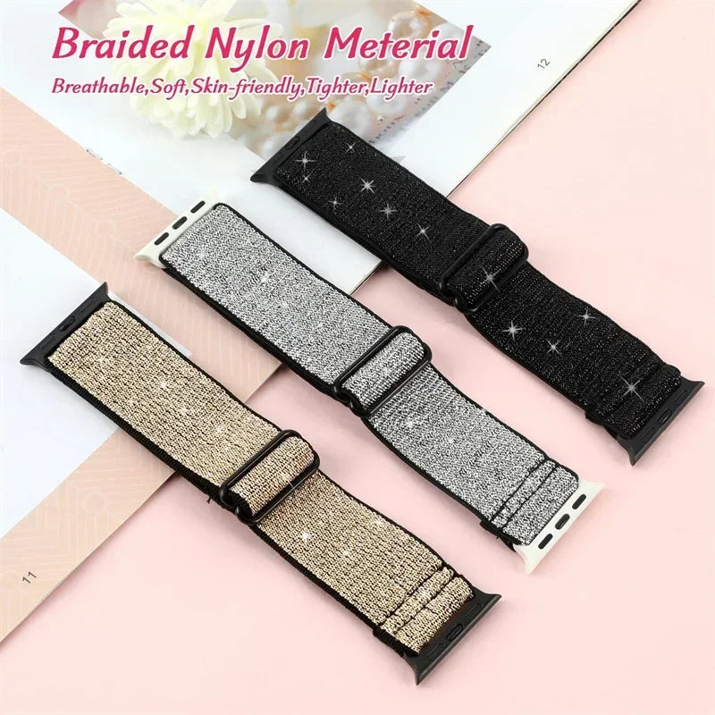Bohemian Nylon band for Apple Watch Ultra 2 49mm 42mm 45mm 38mm 40mm 41mm 44mm Elastic Shiny band Apple Watch Series 10 9 8 7 6 5 4 3 SE