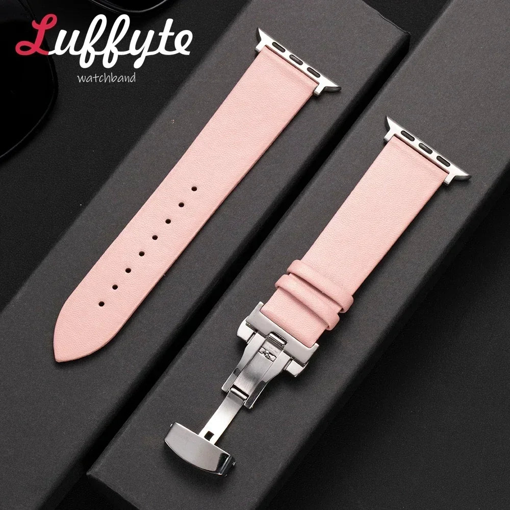 Ultra thin Leather band For Apple Watch 1 10 Ultra SE 2 WristBand with Butterfly Buckle For Apple Watch 38mm 40mm 41mm 42mm 44mm 45mm 46mm 4