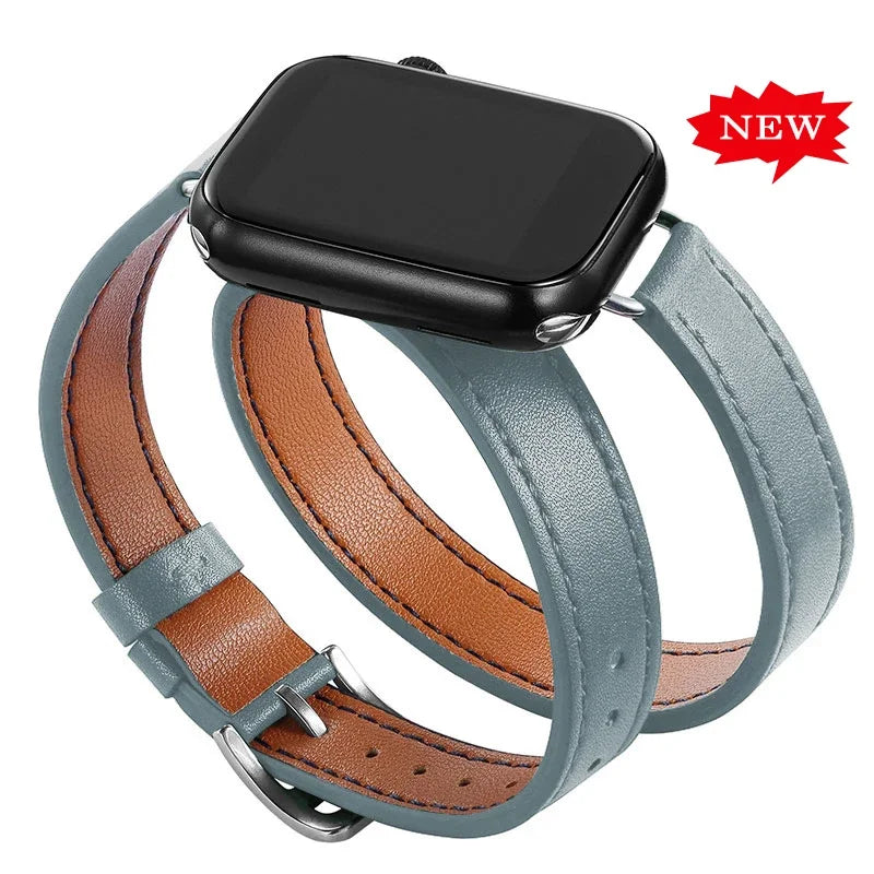 Double loop Slim Leather band for Apple Watch band Ultra 2 49mm Series 10 46mm 41mm 42mm 44mm 45mm band for Apple Watch 9 8 7 6 SE 5 4