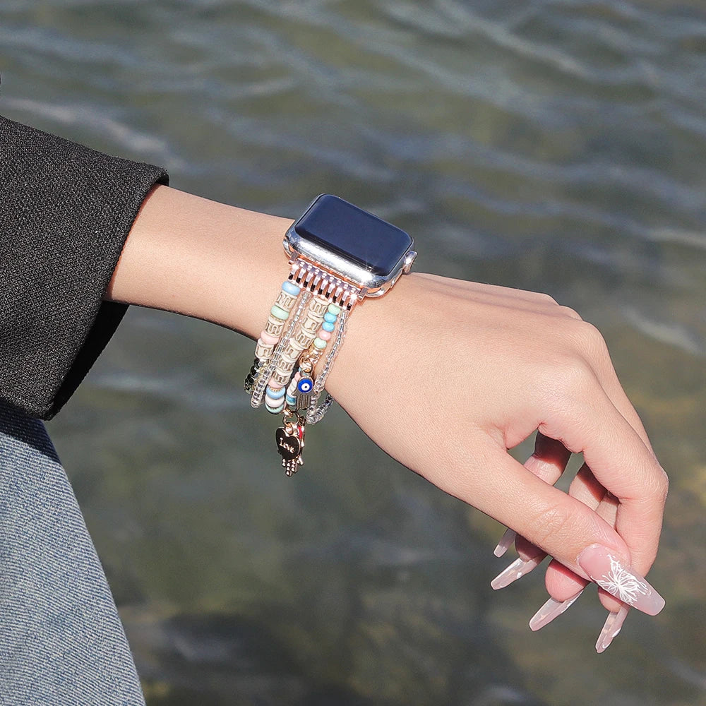 band band For Apple Watch band 49mm Ultra 2 40mm 38mm 41mm Elastic Beaded Pendant band for Apple Watch Series 9 8 7 6 5 4 3 SE