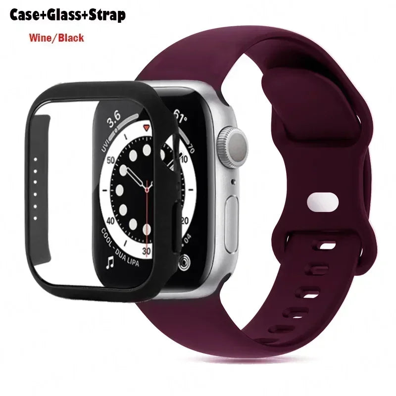 Glass+Case+band For Apple Watch band 41mm 44mm 38mm 42mm 45mm 40mm Silicone band Apple Watch serises 9 8 3 4 5 6 SE 7 watchbands