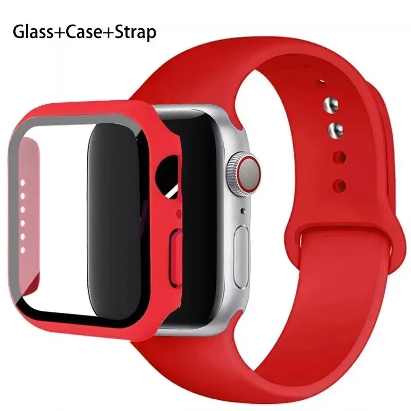 Glass+Case+band For Apple Watch band 41mm 44mm 38mm 42mm 45mm 40mm Silicone band Apple Watch serises 9 8 3 4 5 6 SE 7 watchbands