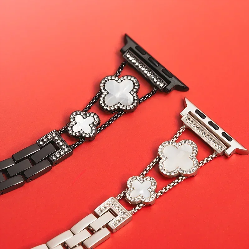 Diamond Four leaf Clover metal band for Apple Watch Ultra 2 49mm 46mm 44mm 42mm 41mm 40mm 38mm band for Apple Watch Series 10 9 8 7 SE 6 ban