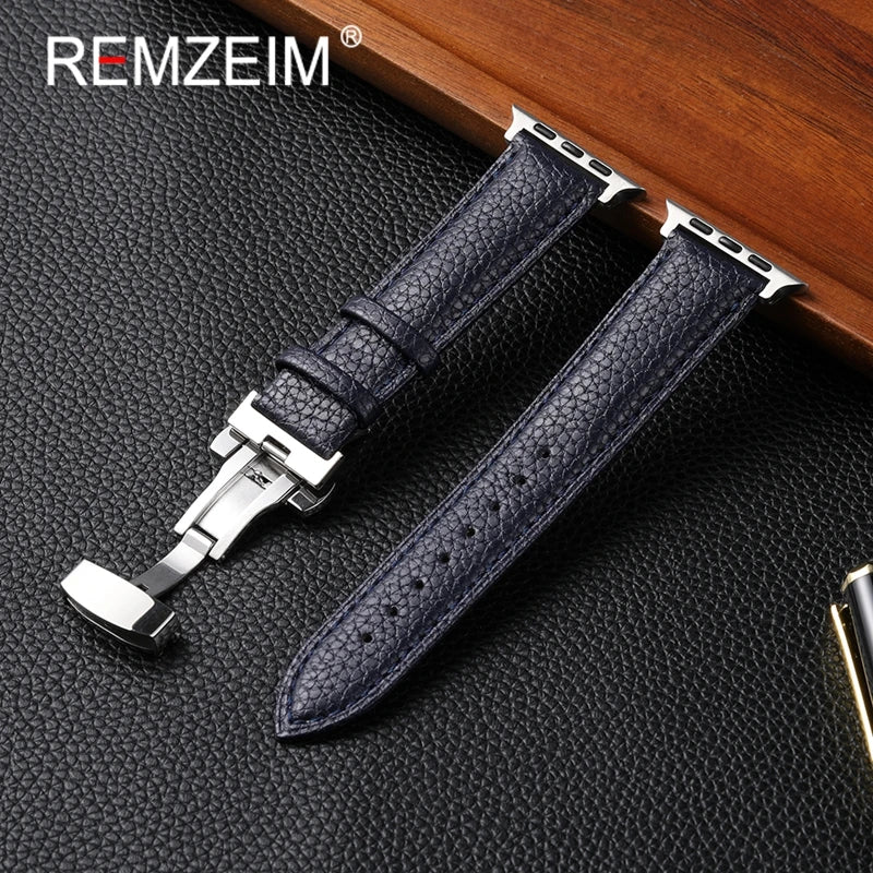 Leather Smartwatch band for Apple Watch 1 10 SE Ultra Butterfly Buckle Replacement band Fits 49mm 46mm 45mm 44mm and 42mm 41mm 40mm 38mm