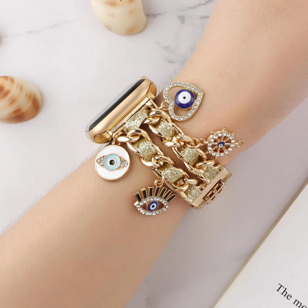 Stylish metal Charms Watch band Compatible with Apple Watch band 38mm 40mm 41mm 42mm 44mm 45mm 49mm Replacement band with Unique Pendants