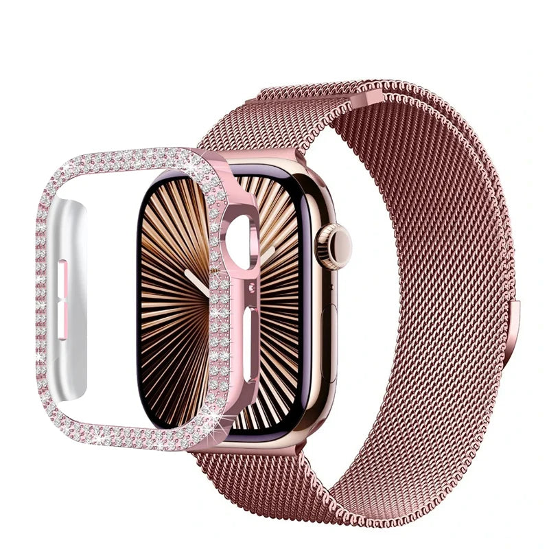 Diamond Case+Milanese band For Apple Watch band Ultra 2 band For Apple Watch 10 9 8 7 46mm 42mm 45mm 44mm 40mm 41mm Series 6 5 4