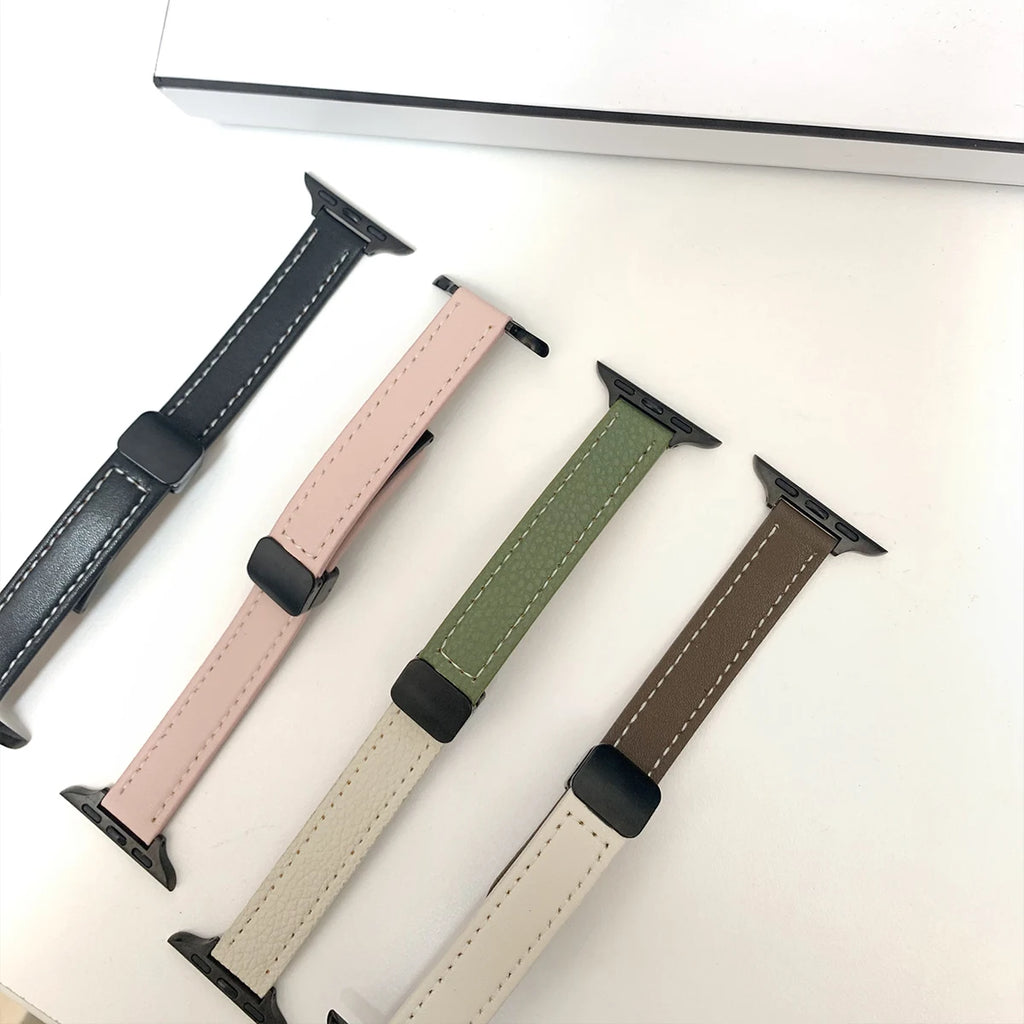 Magnetic Buckle band For Apple Watch 10 42mm 46mm SE 44mm 40mm 9 8 7 41mm 45mm Folding Slim Leather band Apple Watch Series 10 8 7 6 5