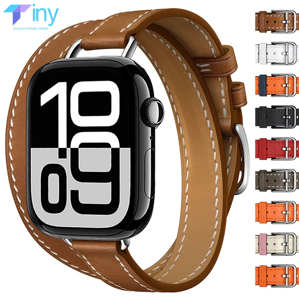 Double loop Slim Leather band for Apple Watch band Ultra 2 49mm Series 10 46mm 41mm 42mm 44mm 45mm band for Apple Watch 9 8 7 6 SE 5 4