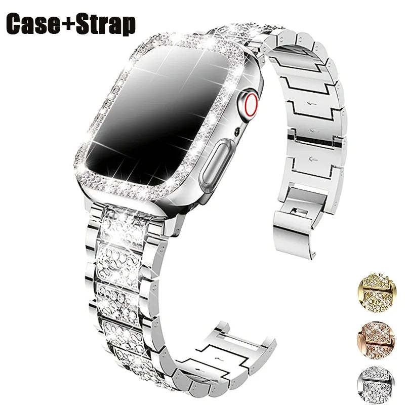 Diamond case+band For Apple Watch band 45mm 40mm 44mm 41mm 38mm 42mm 44mm metal Belt Apple Watch Series 9 8 7 SE 6 5 Women band