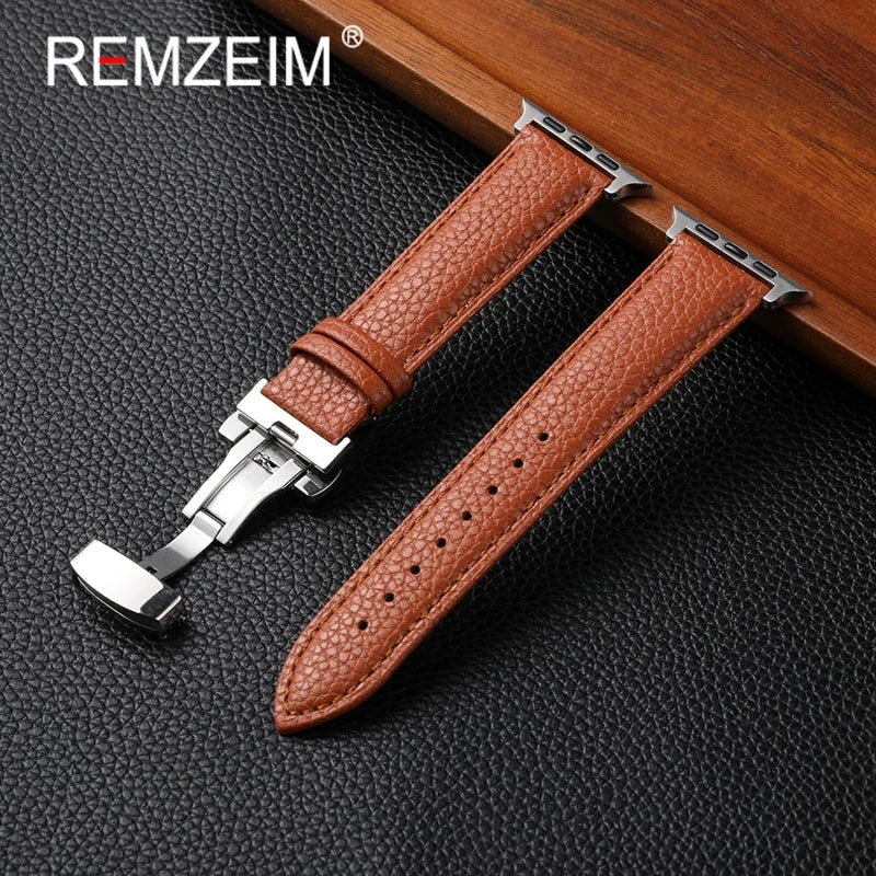 Leather Smartwatch band for Apple Watch 1 10 SE Ultra Butterfly Buckle Replacement band Fits 49mm 46mm 45mm 44mm and 42mm 41mm 40mm 38mm