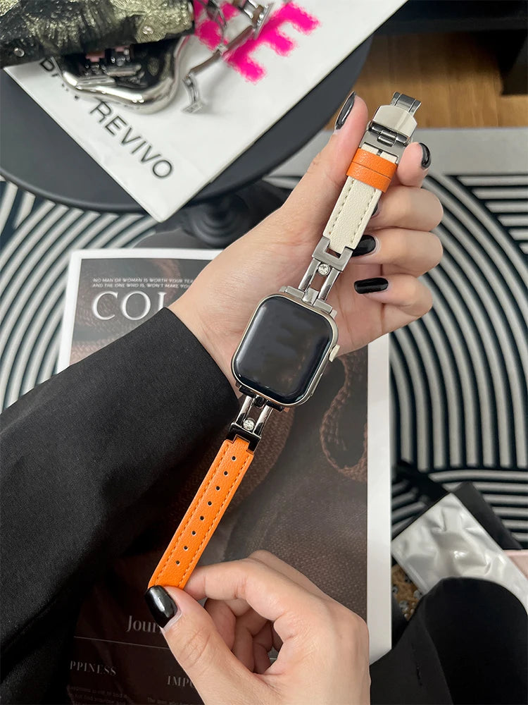 Luxury Leather band For Apple Watch Ultra 10 9 8 7 6 SE 5 4 Slim metal band For Apple Watch 38mm 40mm 42mm 44mm 45mm 46mm 49mm