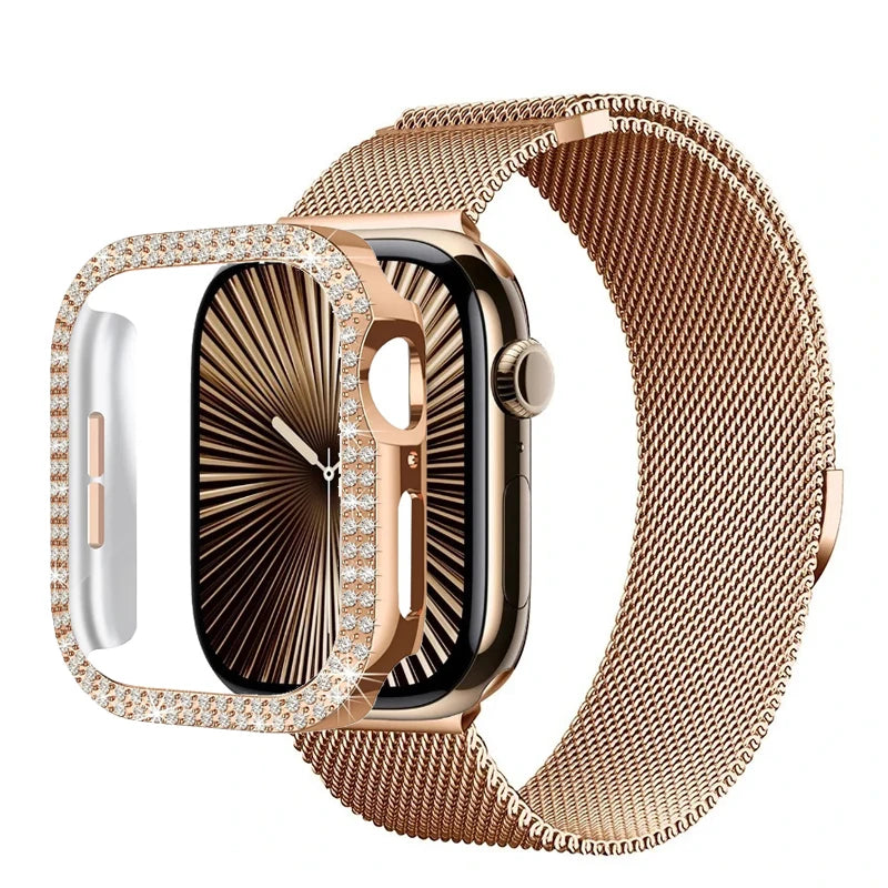 Diamond Case+Milanese band For Apple Watch band Ultra 2 band For Apple Watch 10 9 8 7 46mm 42mm 45mm 44mm 40mm 41mm Series 6 5 4