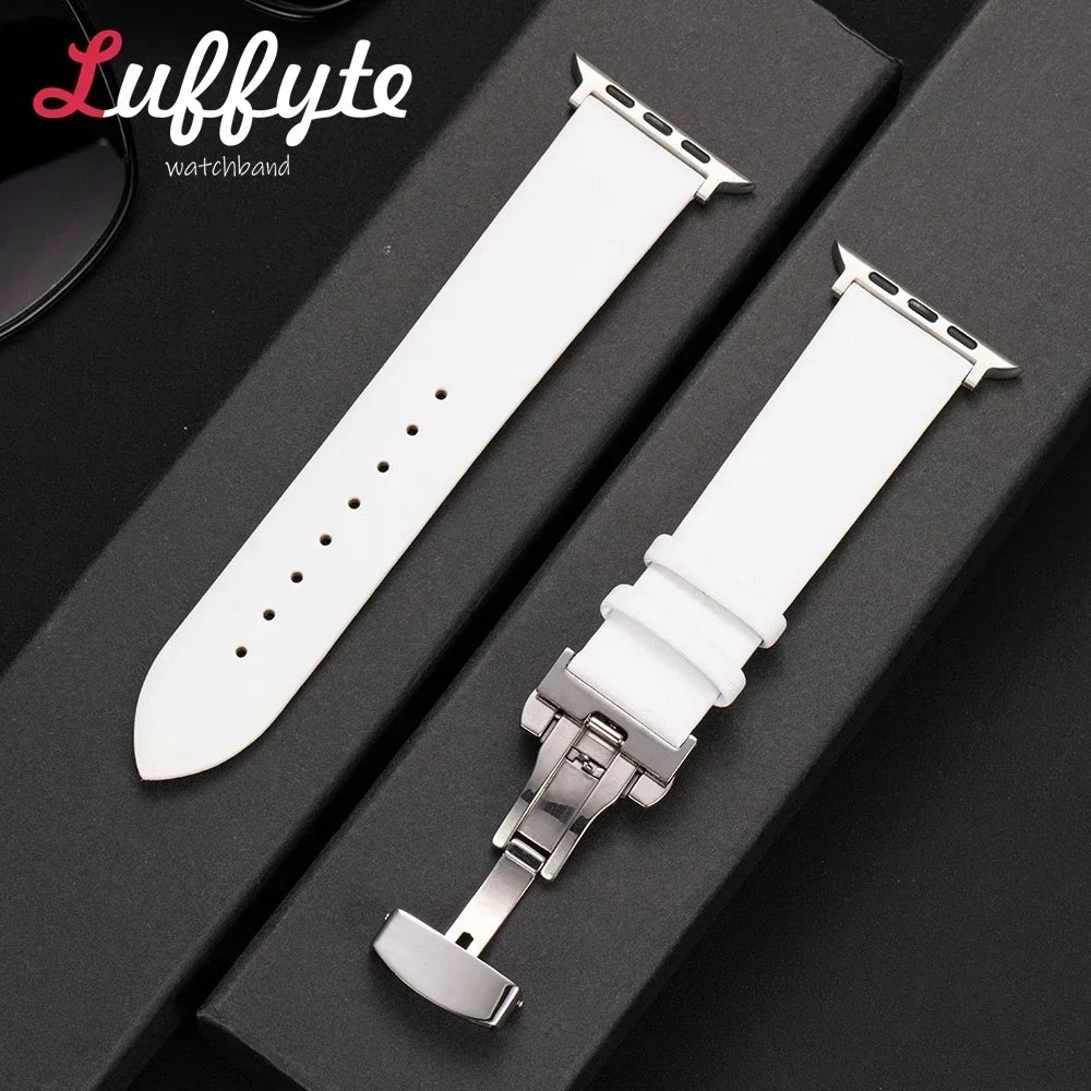 Ultra thin Leather band For Apple Watch 1 10 Ultra SE 2 WristBand with Butterfly Buckle For Apple Watch 38mm 40mm 41mm 42mm 44mm 45mm 46mm 4