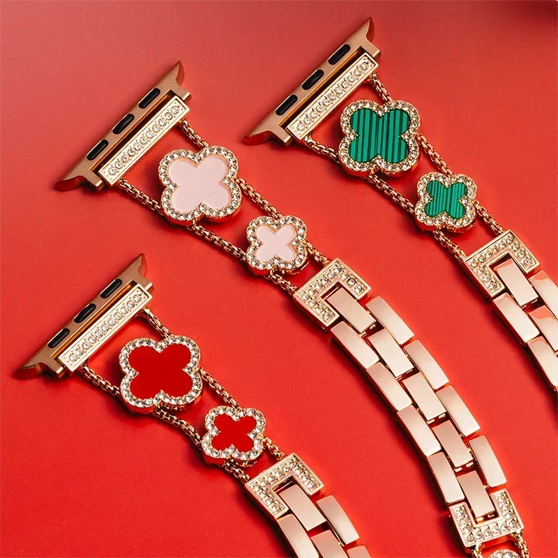 Diamond Four leaf Clover metal band for Apple Watch Ultra 2 49mm 46mm 44mm 42mm 41mm 40mm 38mm band for Apple Watch Series 10 9 8 7 SE 6 ban