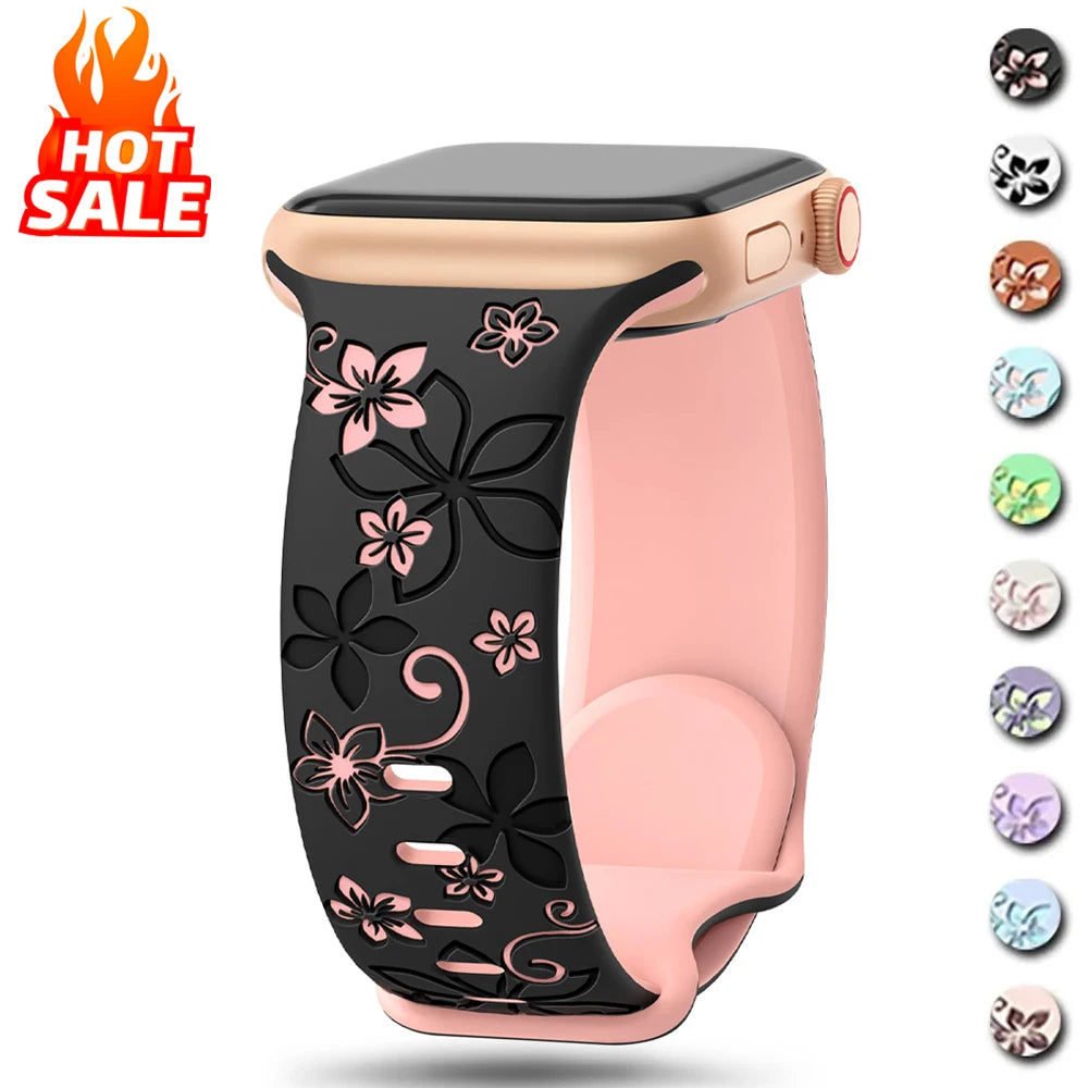 Floral Engraved band For Apple Watch band 46mm 41mm 40mm 44mm 45mm 42mm 49mm Silicone Sport Apple Watch Series 11 10 SE 9 8 Ultra 2