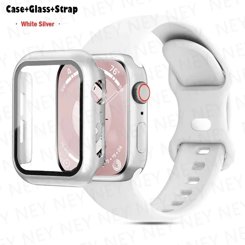 Glass+Case+band For Apple Watch band 44mm 41mm 45mm 40mm 38mm 42mm Silicone band Apple Watch serises 9 8 3 4 5 6 SE 7 watchbands