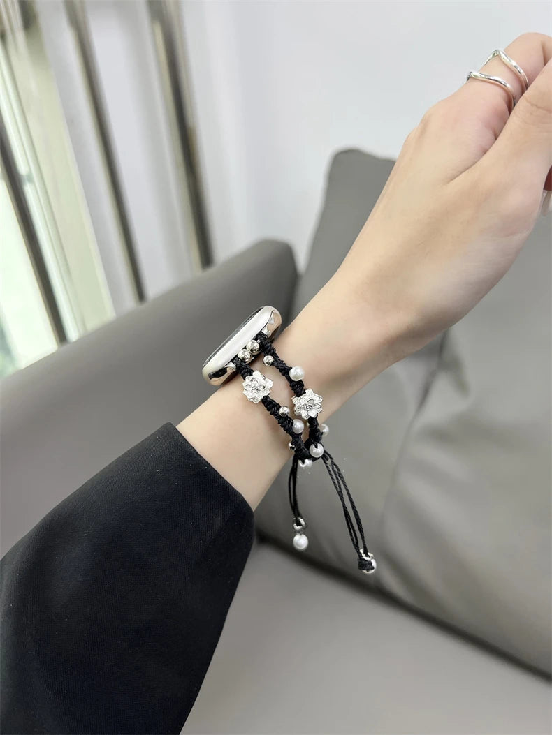 Ins Pearl Flowers band For Apple Watch Series 9 8 7 6 SE 4 5 45mm 44mm 42mm Woven Nylon band Apple Watch Ultra 2 49mm 40mm 38mm Woman