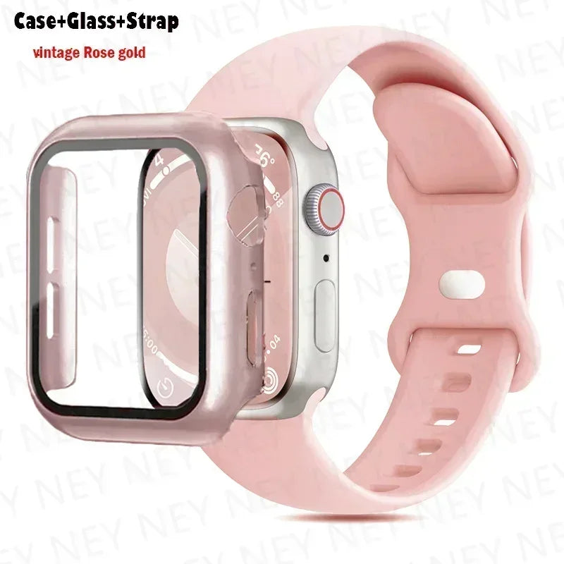 Glass+Case+band For Apple Watch band 41mm 44mm 38mm 42mm 45mm 40mm Silicone band Apple Watch serises 9 8 3 4 5 6 SE 7 watchbands