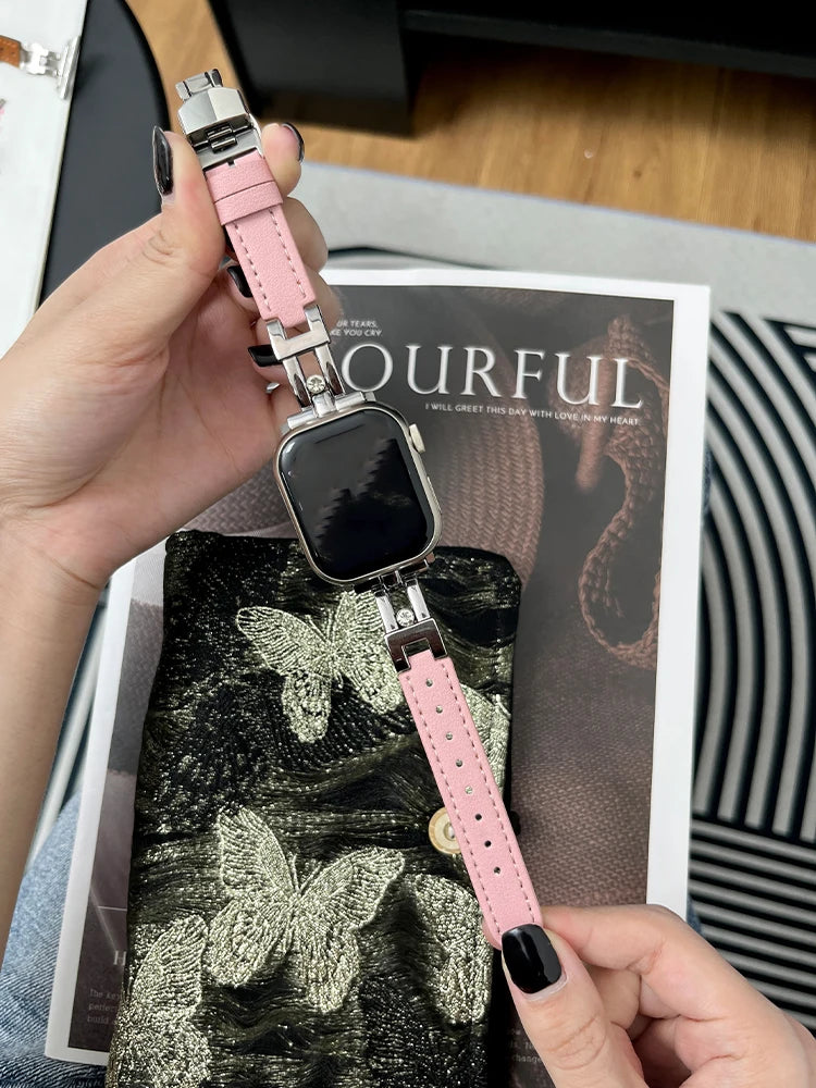 Luxury Leather band For Apple Watch Ultra 10 9 8 7 6 SE 5 4 Slim metal band For Apple Watch 38mm 40mm 42mm 44mm 45mm 46mm 49mm