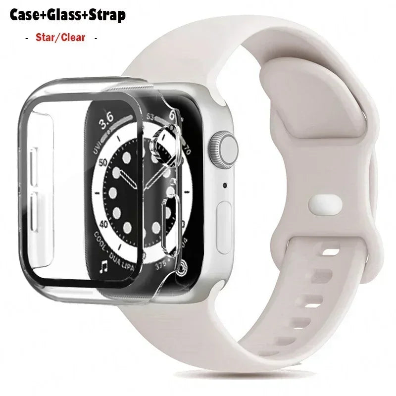 Glass+Case+band For Apple Watch band 41mm 44mm 38mm 42mm 45mm 40mm Silicone band Apple Watch serises 9 8 3 4 5 6 SE 7 watchbands