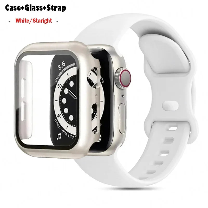 Glass+Case+band For Apple Watch band 44mm 40mm 45mm 41mm 38mm 42mm 44mm sport Silicone band Apple Watch Series 9 8 7 6 5 4 SE