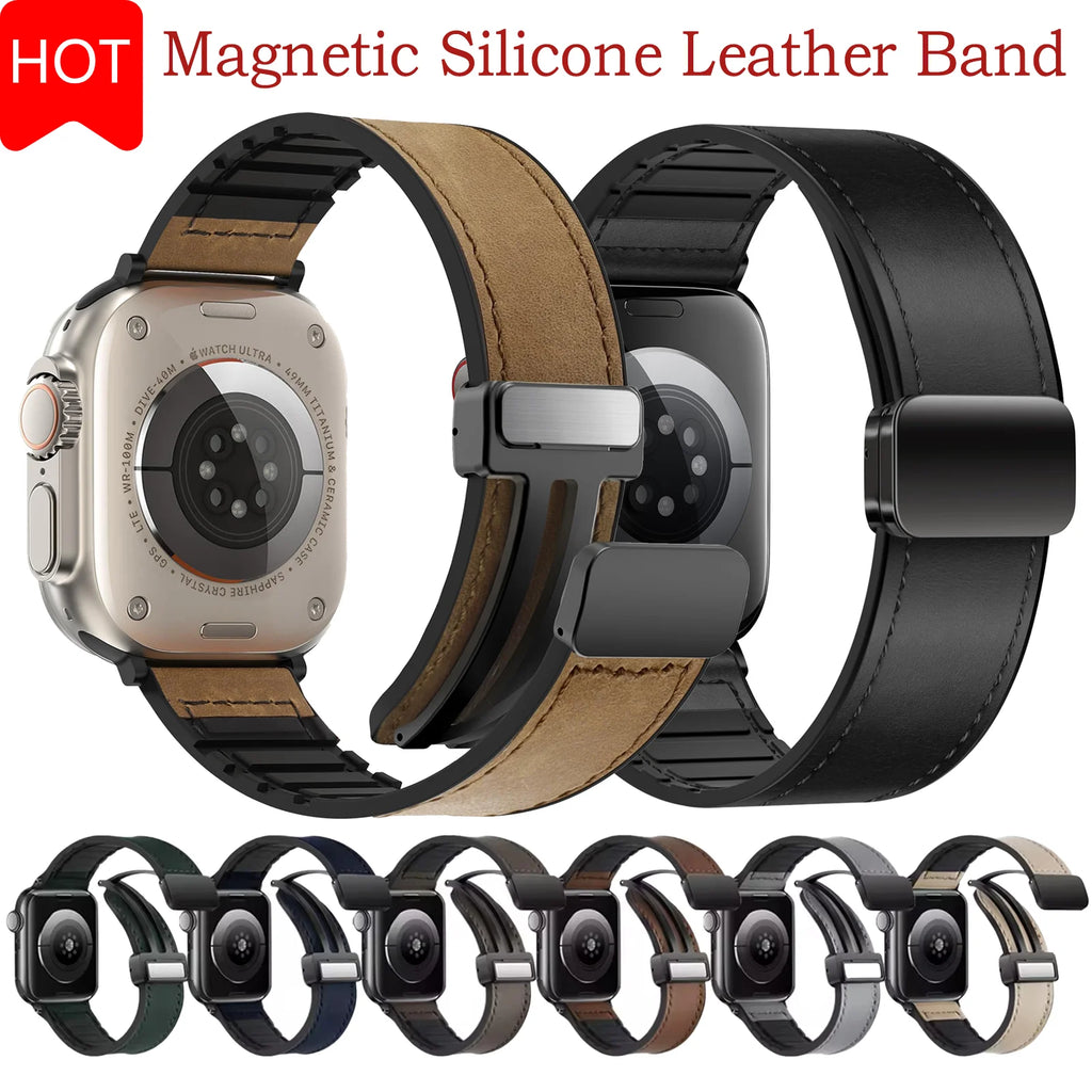 Leather Watch band For Apple Watch band 38mm 40mm 41mm 42mm 44mm 45mm 49mm Magnetic band Apple Watch Series 10 9 8 7 SE6 5 bands