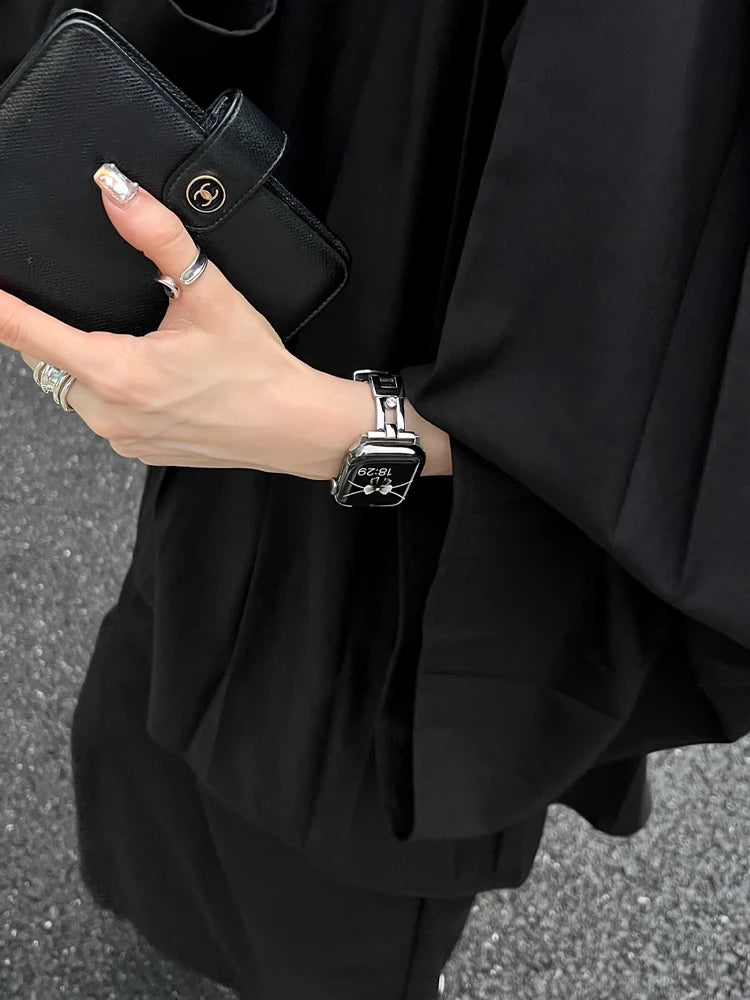 Luxury Leather band For Apple Watch Ultra 10 9 8 7 6 SE 5 4 Slim metal band For Apple Watch 38mm 40mm 42mm 44mm 45mm 46mm 49mm