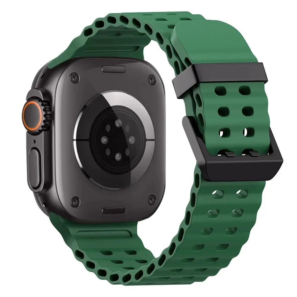 Metal Buckle+Ocean Silicone band For Apple Watch Ultra 3 2 1 49mm band wristband Apple Watch 11 10 46mm 9 8 7 45mm 6 5 SE 44mm