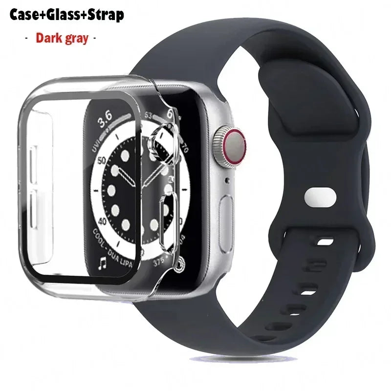 Glass+Case+band For Apple Watch band 41mm 44mm 38mm 42mm 45mm 40mm Silicone band Apple Watch serises 9 8 3 4 5 6 SE 7 watchbands